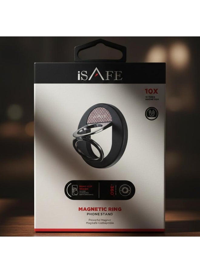 آي سيف iSafe Phone Ring Holder – Strong Adhesive 360° Mobile Finger Grip Stand, Strong Adhesive, Magnetic Compatible– Black - Image 2